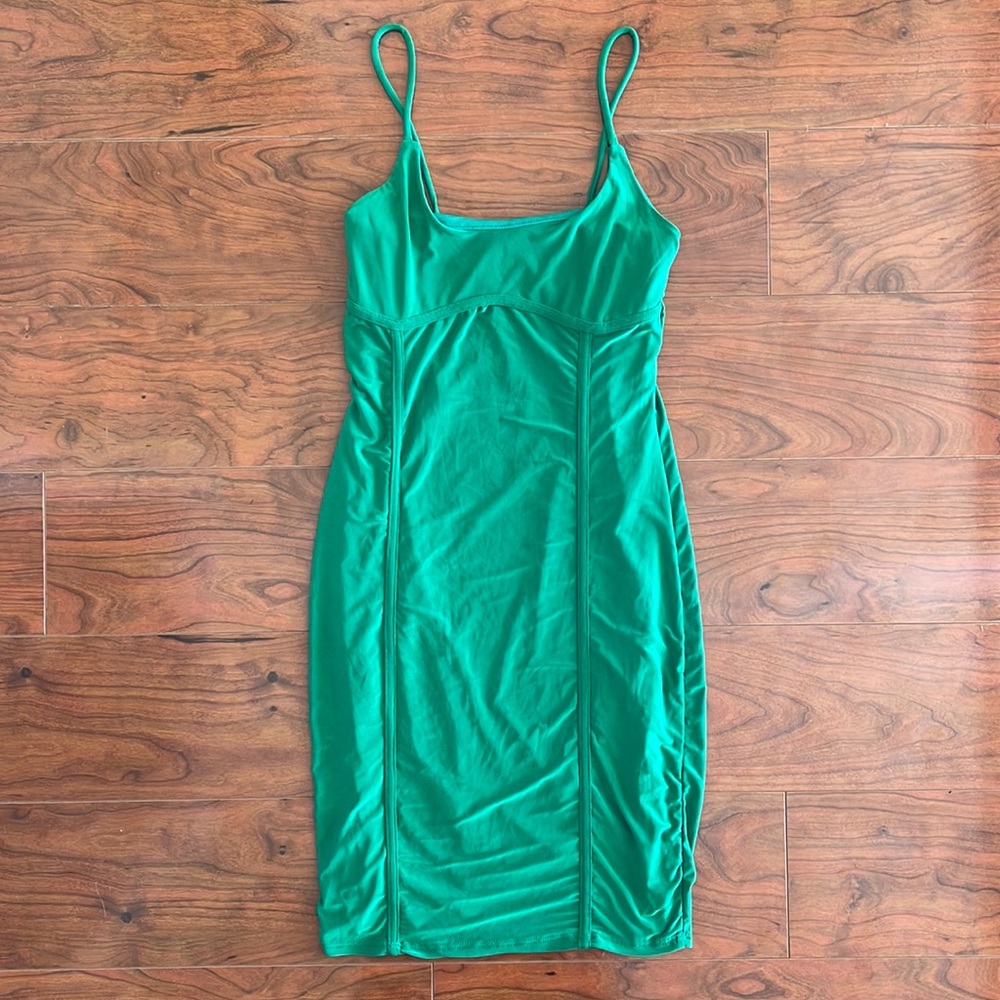 All Saints Dark Green Ruched Spaghetti Strap Mini Cocktail Dress